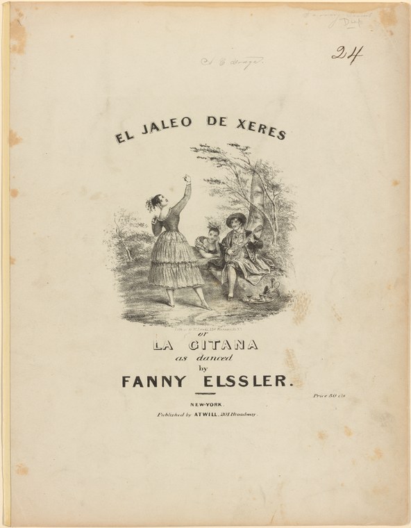 A Romantic-era woman in a full skirt raises one arm expressively, attended by two male figures; one plays guitar, the other crouches.