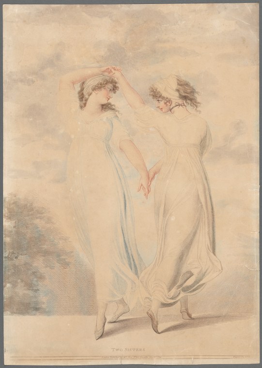 Two young women in high-waisted white muslin gowns stand together; one tilts her head back while the other reaches toward her in a graceful gesture.