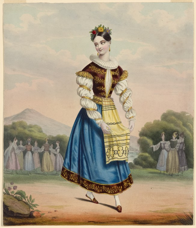 Woman in Wallachian folk dress—velvet bodice, blue skirt, white gathered sleeves, floral crown—standing in elegant pose in pastoral landscape.