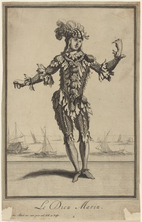 Engraving of a solitary figure in feathered costume with arms extended, standing before a seascape with sailing ships.