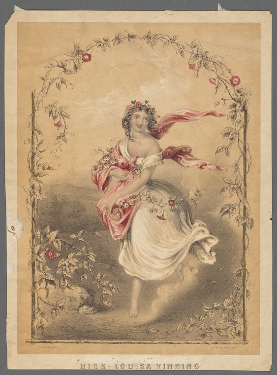 A young woman in pink corset and white skirt arches backward with leg extended vertically, floating upward within a floral-framed garden scene.