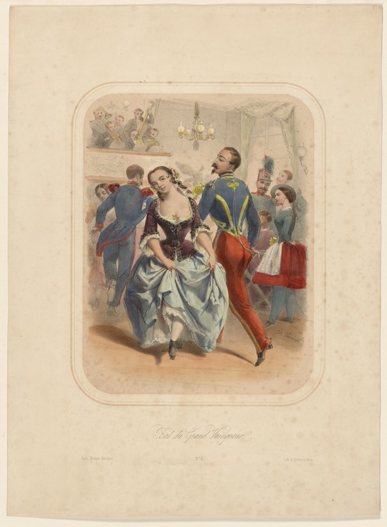 A man in dark coat and a woman in white silk ball gown stand together in a crowded ballroom, observed by fashionably dressed onlookers.