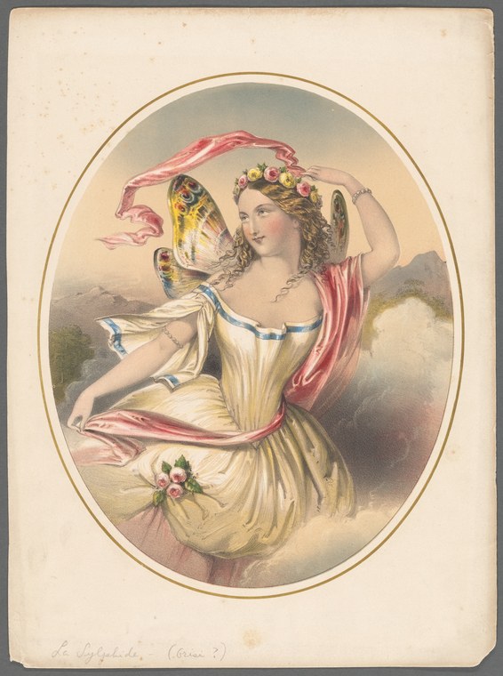 A winged woman in a pale muslin dress and floral crown floats weightlessly among clouds, gazing at a blue and gold butterfly she holds aloft.