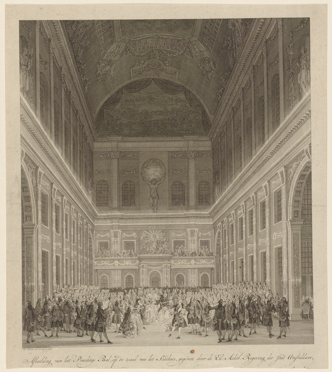 Engraving of a crowded formal ballroom in classical architecture with figures in eighteenth-century dress standing in ordered groups across the floor.