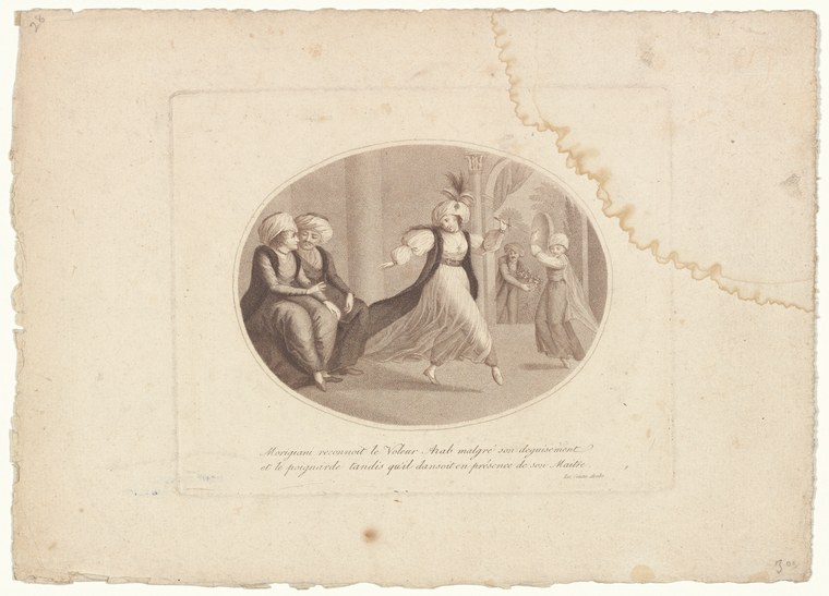 An engraved oval scene of a woman in a feathered headdress and flowing gown, arched backward with raised arms, performing before four seated and standing