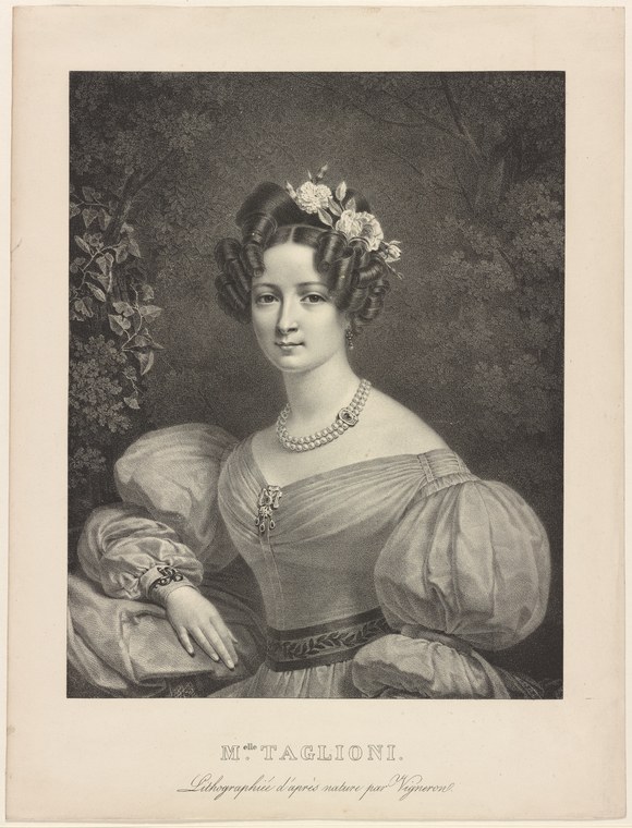 Standing portrait of a young woman in a white Romantic-era ball gown with puffed sleeves, flowers in her hair, and a pearl necklace.