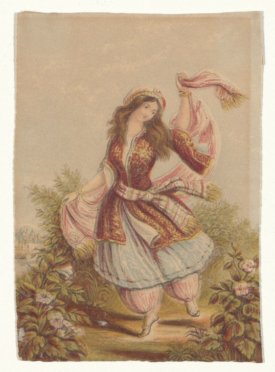 A barefoot woman in a crimson embroidered jacket and striped silk skirt dances alone in a flower garden, her pink scarf floating, her gaze downward.
