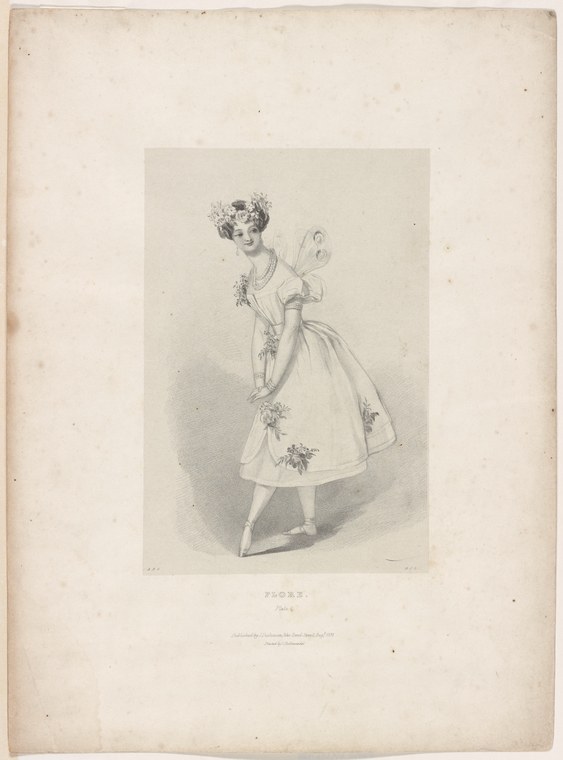 A young woman in a high-waisted white muslin dress with a floral crown, holding a small mirror and gazing at her reflection.