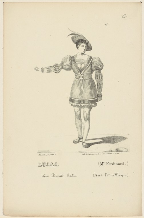 Male dancer in plumed hat and tunic, arm extended in theatrical gesture, engraved portrait from 19th-century Paris Opéra