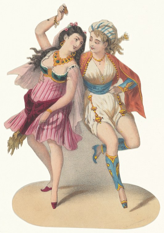 Two weightless female dancers in classical costume leap mid-air in parallel, one in pink with gold collar, one in white with blue trim.