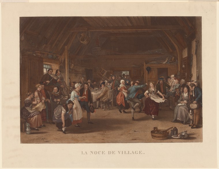 An 18th-century engraving of a couple dancing in a timber-frame barn while villagers in period dress look on.