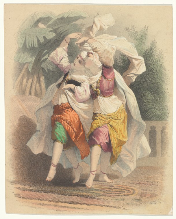 Two barefoot dancers in white drapery and colored fabrics perform face-to-face in an arched garden setting.