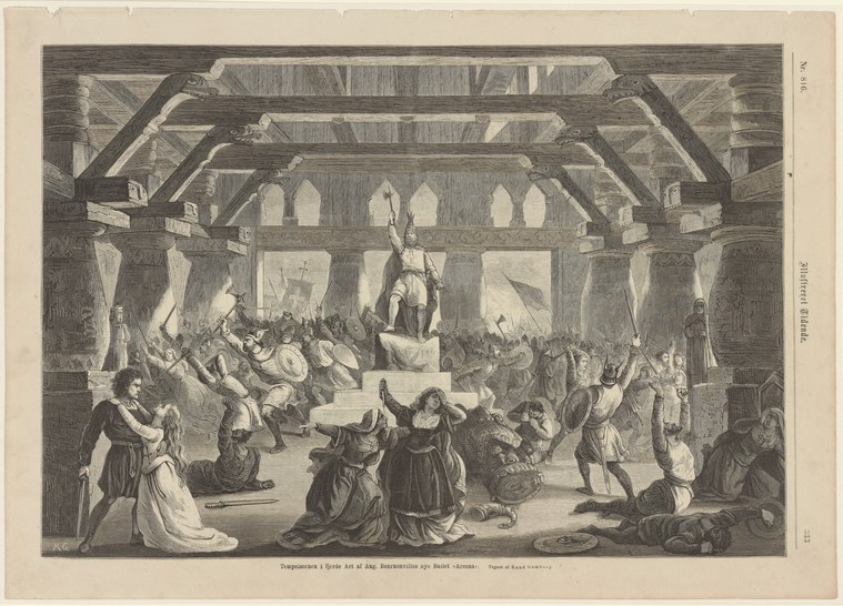 Engraving of a grand interior hall with timber frame and arched windows. Formally dressed figures in long robes kneel, gesture, and process in a dramatic