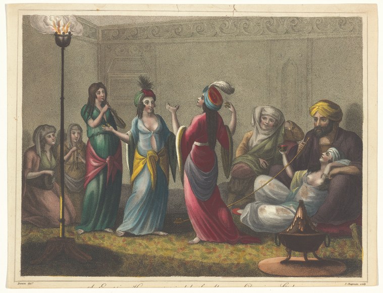 Hand-colored engraving: seven figures in classical dress gather in a temple around a reclining woman, gesturing in formal poses of concern or ritual address.