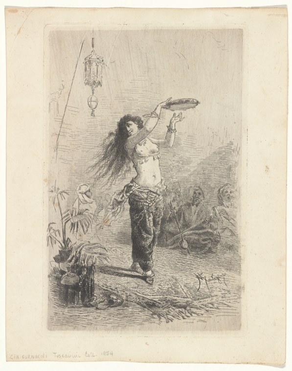 A female dancer in exotic costume arches deeply backward, one arm raised, in this 19th-century etching.