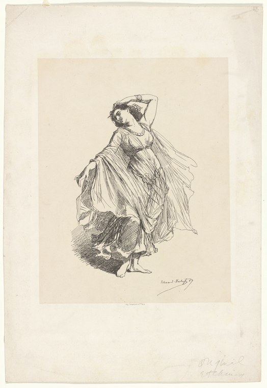 A barefoot female dancer in neoclassical dress leans backward with one arm raised, her loose drapery swirling in motion.