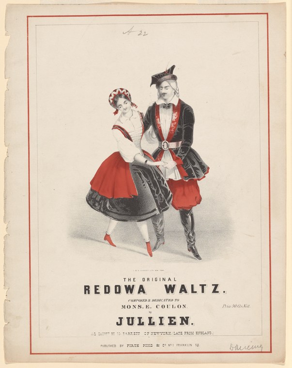 A man and woman in mid-19th-century dress waltz in closed position, the woman in a red skirt turning as the man guides her frame.