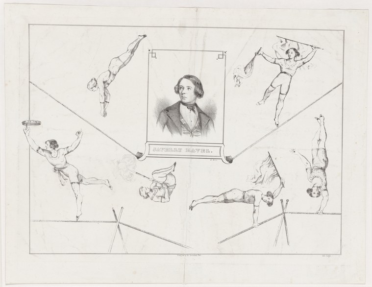 Engraving of a man's portrait surrounded by eight acrobats performing handstands, splits, and backbends on tightropes radiating outward.