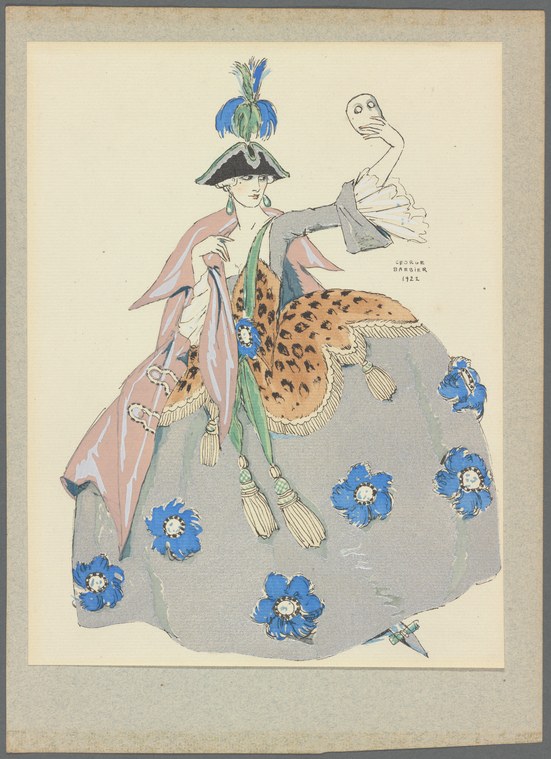 Watercolor costume design for a theatrical dancer wearing a tall feathered hat, pink cape, and grey flowered skirt, holding a delicate object in an extended