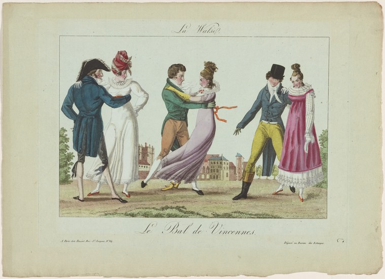 Three couples in Regency dress in an outdoor garden setting, demonstrating the waltz embrace at a public ball.