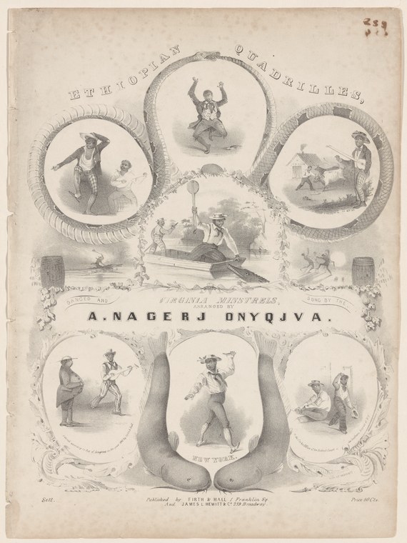 Engraving of eight circular scenes of dancers arranged around a serpent frame, showing acrobatic figures in 19th-century dress.