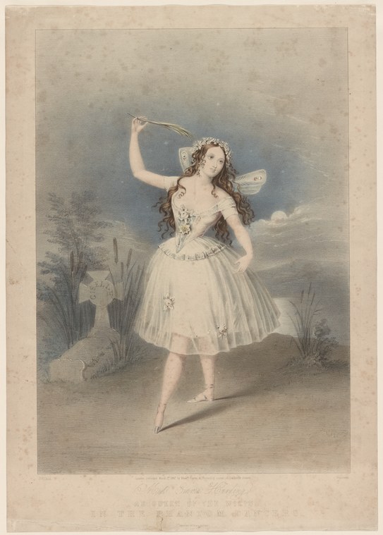 Young woman in white ballet costume en pointe, arms raised, standing alone in a moonlit forest setting.