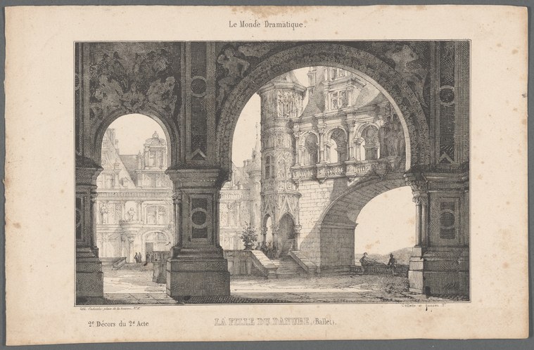 Engraving of a classical arcade with receding arches framing a distant plaza; tiny figures in drapery stand in foreground and scatter through space.