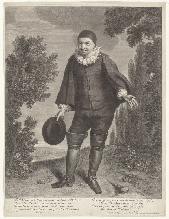 Engraving of a man in Baroque dress standing in a garden, holding a hat, in the character of Crispin.