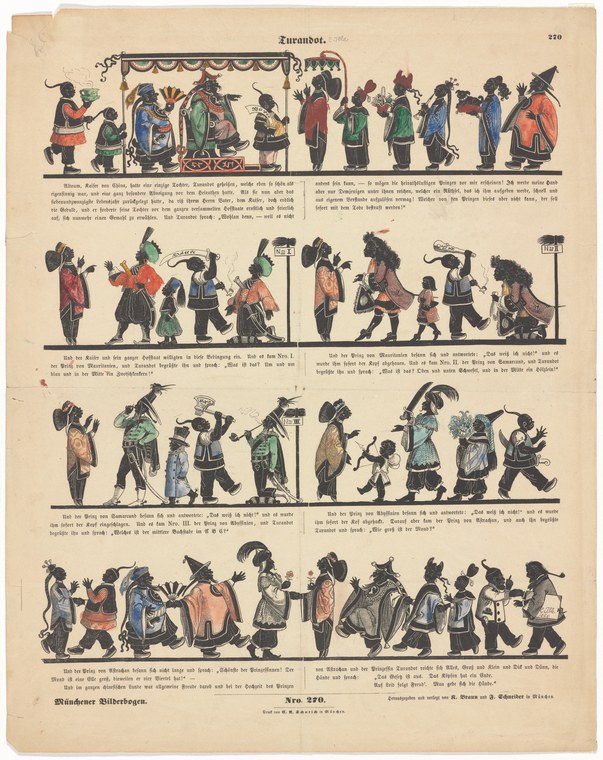 Hand-colored engraving in four registers showing theatrical scenes in East Asian costume: processions, confrontations, and dramatic gestures.