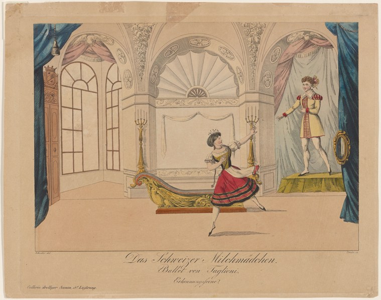 Woman in red skirt and embroidered bodice performs attitude derrière in grand neoclassical hall, watched by two figures at sides.