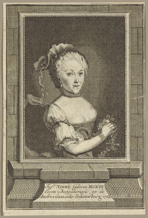 Engraved portrait of a young woman in pale silk dress and elaborate hair, gazing back over her shoulder, 18th century.