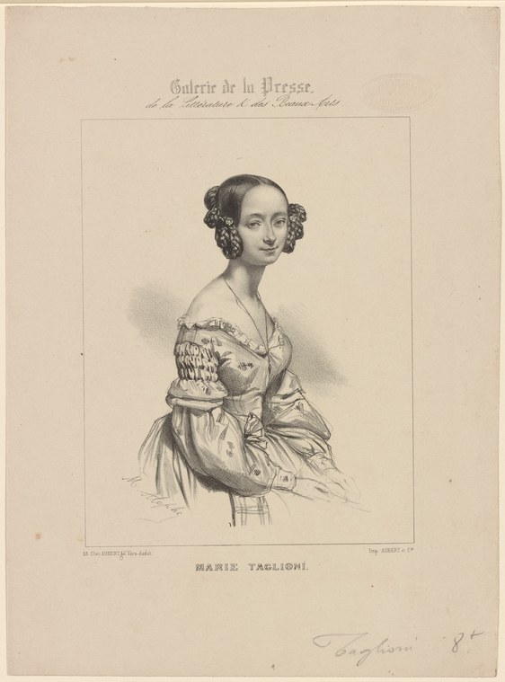 Engraved portrait of a young woman with dark ringlet hair in an 1840s white muslin dress, turned slightly in a pose of refined elegance.