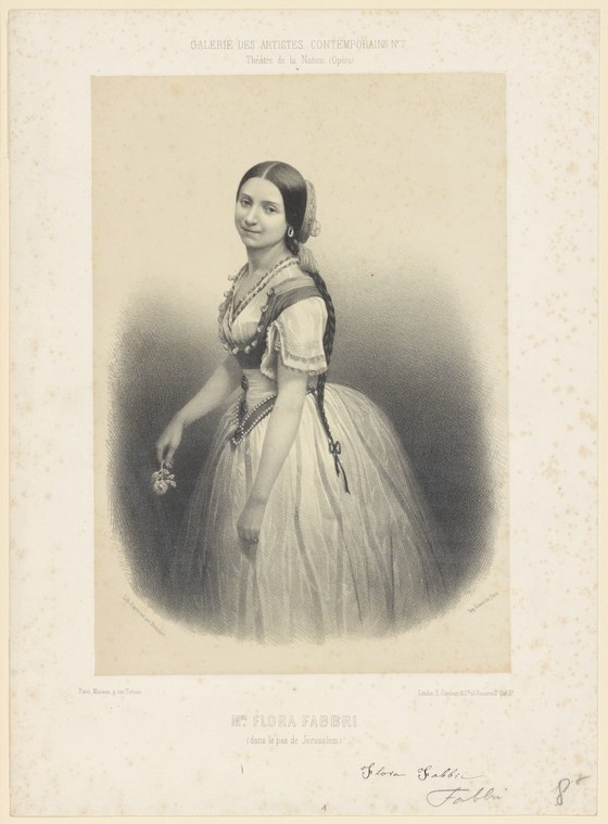 A young woman in a white Romantic-era ballet dress with puffed sleeves and dark sash, posed in three-quarter profile.