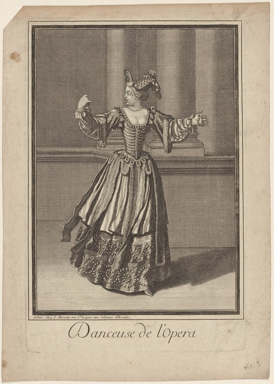 An 18th-century engraving of a female opera dancer in lavish costume, standing frontal with arms raised, against draped theater curtains.