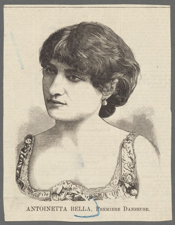 Formal engraved portrait of Antoinetta Bella, identified as a principal dancer, in profile facing left wearing an elegant sleeveless dress.
