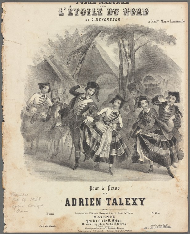 Six dancers in theatrical costume perform a polka-mazurka, women in full skirts mid-turn, uniformed men flanking them on stage.