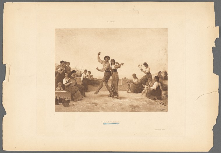 A sepia etching showing a man and woman dancing the tarantella in a seaside setting, arms raised, turning energetically, surrounded by seated and standing