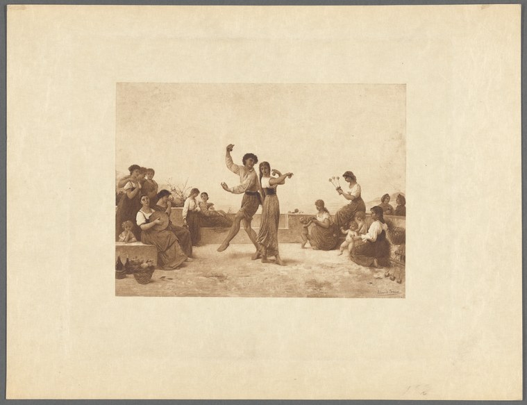 Sepia print showing a woman in a long dress with raised arm dancing beside a man, surrounded by seated onlookers in 19th-century dress on a bare seaside ground.
