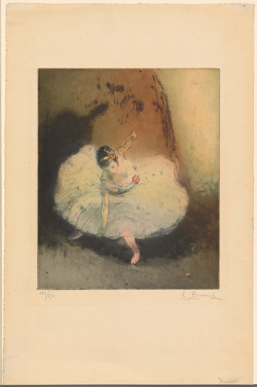 A solitary ballerina in a white tutu stands with her body twisted, left arm raised, gazing downward in an atmospheric, warmly-lit space.