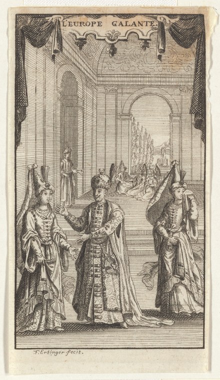 Engraving of three courtly figures in formal dress in a grand columned hall; two women face a man in a moment of courtly greeting.