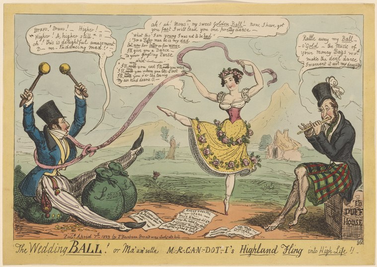 Colored engraving of three figures: a woman in yellow gown performing an exaggerated Highland fling with leg extended impossibly high; a man in blue coat