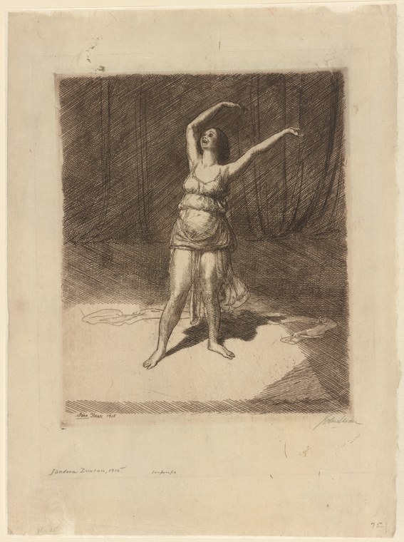 Etching of a bare-footed female dancer in a classical Greek tunic, posed in contrapposto against heavy studio drapery.