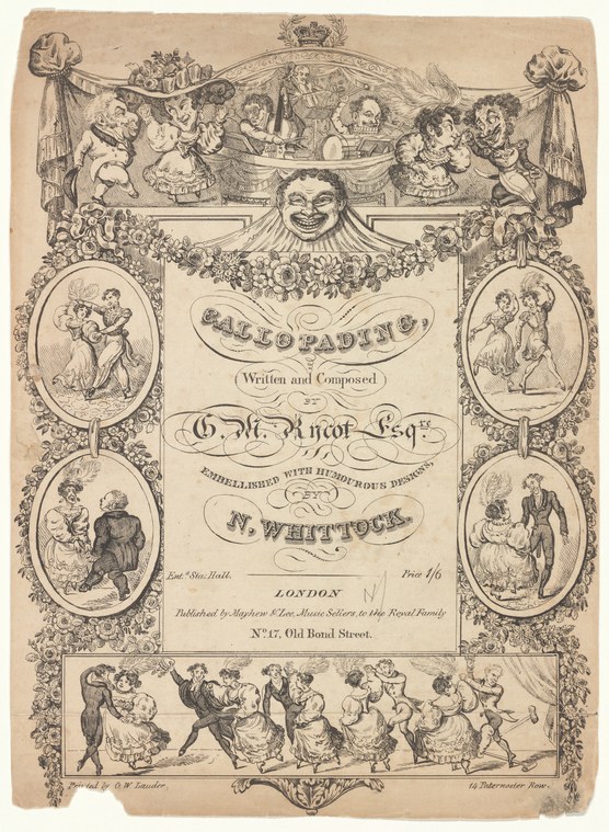 Four ovals showing couples dancing in Regency dress surround a frieze of ballroom figures; cherubs and swags frame the composition.