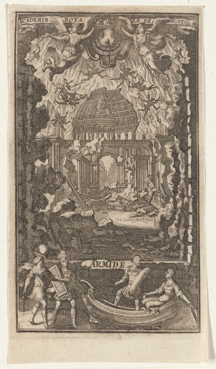 Engraved theatrical frontispiece showing an ornate Baroque interior with formally dressed figures and allegorical imagery, titled Armide.
