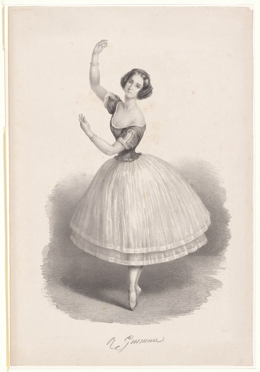 Female dancer in Romantic-era ball gown standing on pointe with one leg extended behind in arabesque, arms open, lithograph portrait.