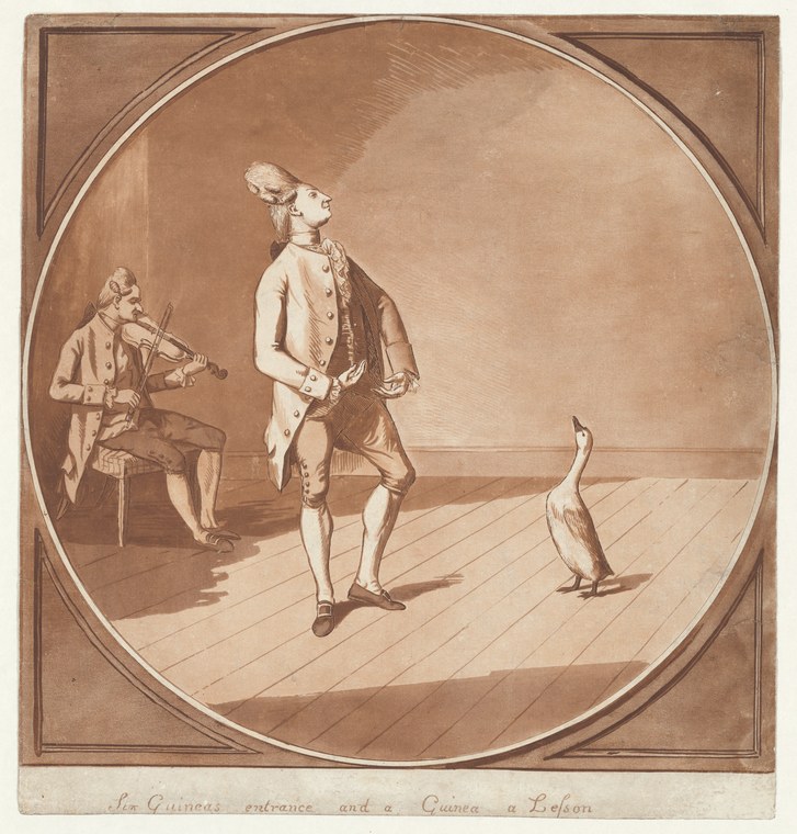 An 18th-century gentleman watches a duck walk across a stage while a seated violinist plays; he wears a tricorn hat and light coat.