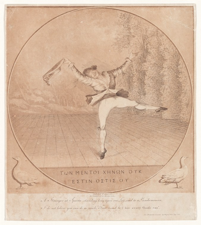 Engraving of a female dancer balanced on one leg in a classical pose, wearing a tunic, within a circular frame.