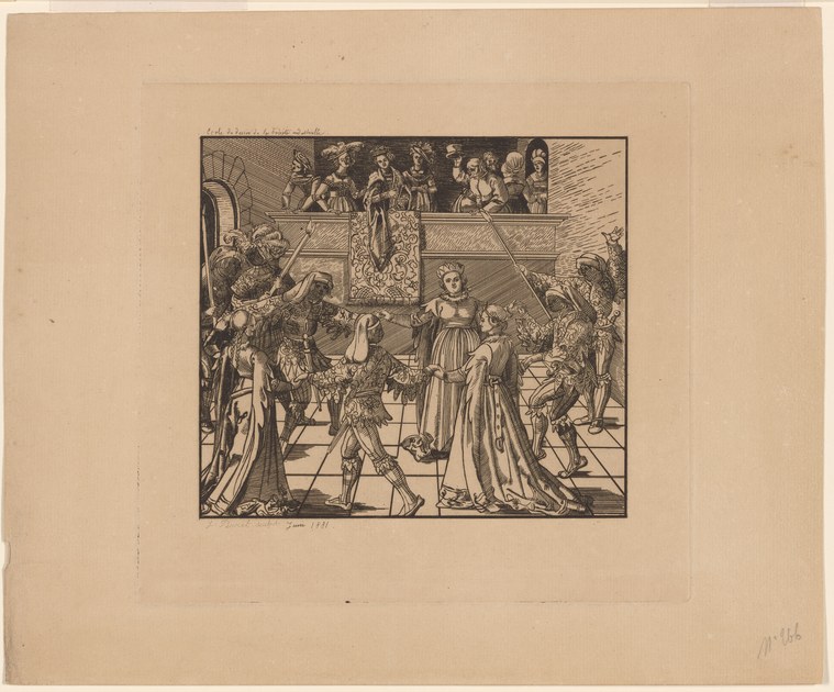 Renaissance engraving showing formally dressed courtiers gathered in a palace interior, a central woman in a gown positioned for dance or ceremony.