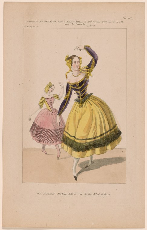 Two female dancers in theatrical costume: one in yellow with arm raised, one in pink behind, posed mid-movement in a cachucha.