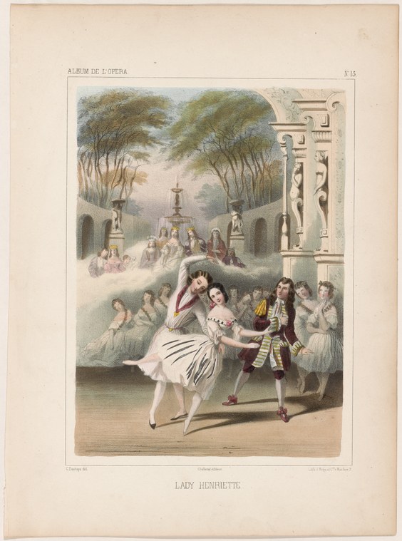 Ballerina in pale tutu poised on one leg, arched backward, surrounded by formally dressed courtiers in a classical garden setting.
